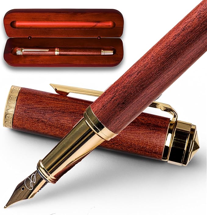 Ellington Pens Luxury Wood Fountain Pen Set –Medium Nib - Includes 6 Ink Cartridges, Wooden Pen Gift Box, Ink Converter - Wood Pen For Writing, Calligraphy, Journaling, Drawing (Rosewood Radiance)