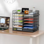 Marbrasse 7 Tier Desktop Literature Organizer, Mesh Paper Organizer, Desk Organizers with Drawer, File Sorter Mail Center Paper Storage Cabinet Classroom Keepers Mailbox for Office Home School (Black)