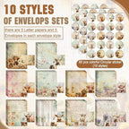 TaoBary 160 Pcs Stationery Paper Set 50 Double Sided Stationery Papers with 50 Matching Envelopes and 60 Round Dot Sticker, 10 Design(Floral Highland Cow,8.5 x 11 Inch)