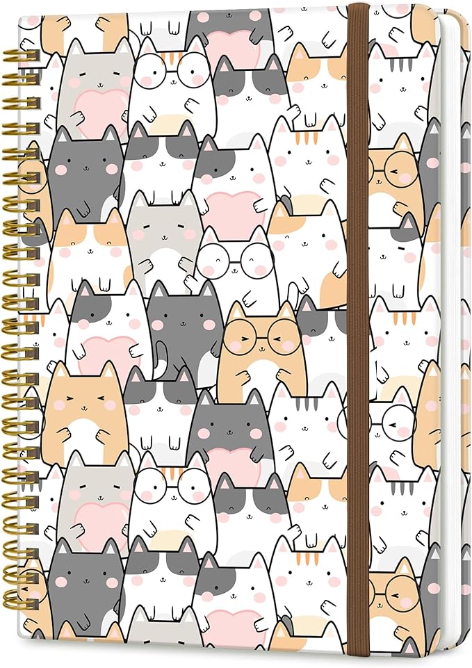 DHGPTS Spiral Journal Notebook, A5 Cute Notebooks for Women Men, College Ruled Hardcover Notebook for Work & Note Taking, 60 Pages Double-Wire Journals for Writing, Cute Gentle Cats