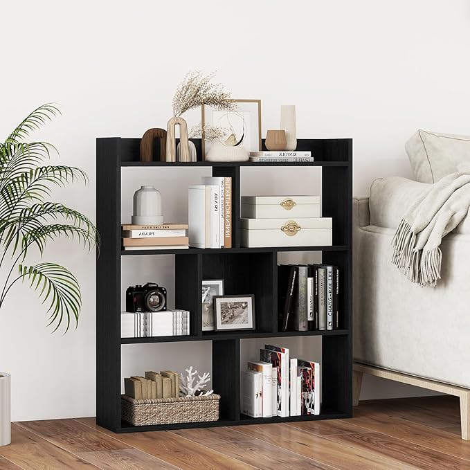 Giantex 7 Cubes Bookshelf, Free-Standing Wooden Bookcase, 4 Tier Home Display Shelf, Horizontal Storage Unit w/Anti-Toppling Devices, Open-Back Display Rack for Study, Living Room (2, Black)