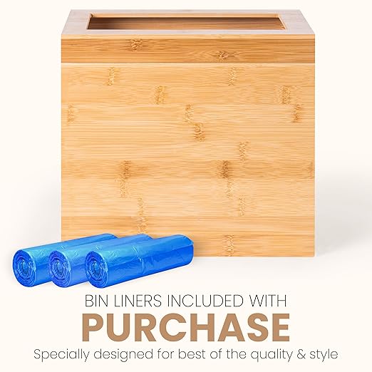 Varnuix Bamboo Trash Can with Bin Liner Built-in Frame and Premium Lid - Wooden Bathroom Trash can, Bamboo Wastebasket for Bathroom, Bedroom, Living Room, Kitchen or Office