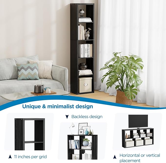 Jpiziso 5 Cube Storage Organizer Single Row, Cube Shelf with Heavy-Duty Thick Boards, 13.31" L x 9.37" W x 60.55" H, Smooth Easy-Clean Panels, Simple Assembly, for Living Room Bedroom Office, Black