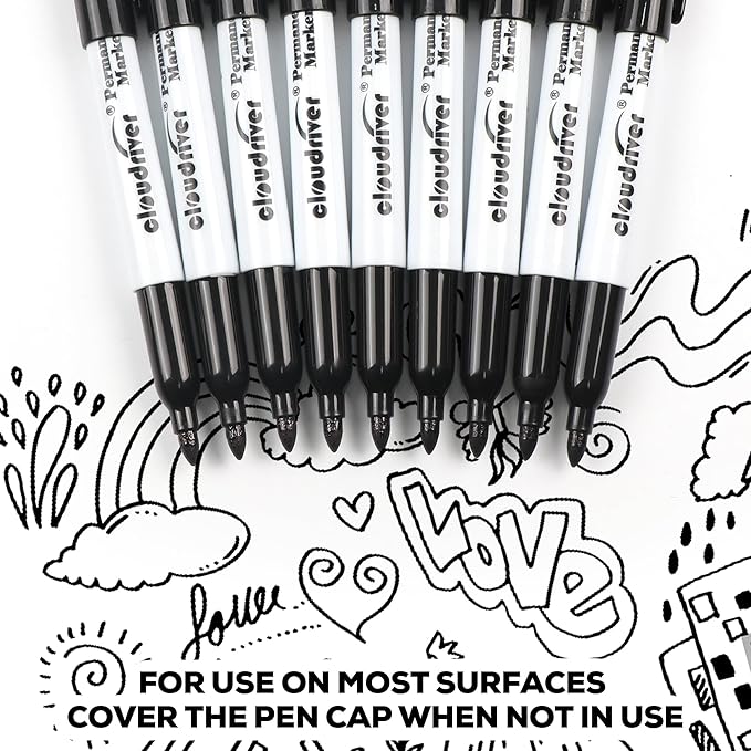 cloudriver Black Permanent Markers Fine Tip, 60 Packs Permanent Markers Bulk, Quick Drying & Fade Resistant, Permanent Marker Set Works on Plastic,Wood,Stone,Metal and Glass for Doodling, Marking