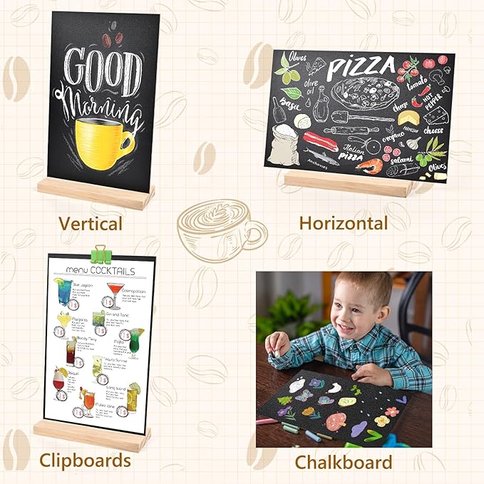 Bouiexye 1 Pack 8.1x12 in Chalkboard Signs with Stand for Tables Small Chalk Board Signs Tabletop Message Board Sign with Wood Base for Home Decorations Coffee Shop Restaurant Kitchen Wedding Party
