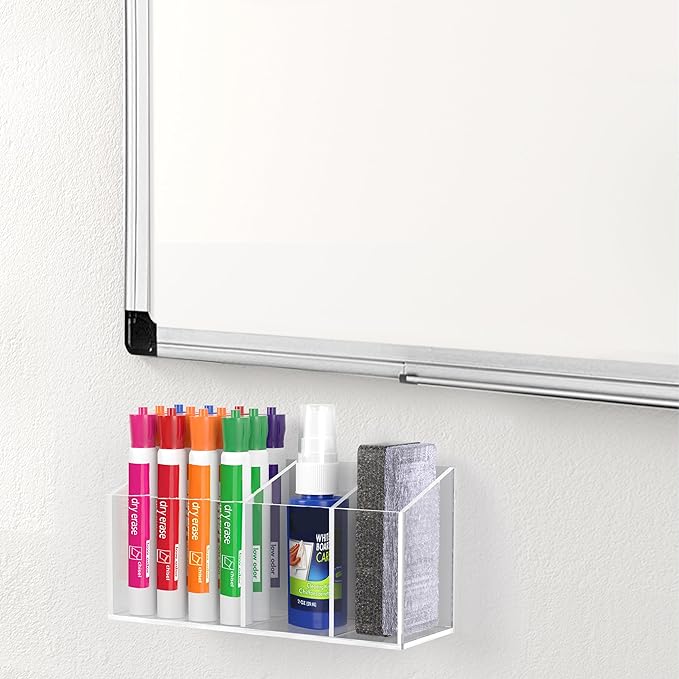 HBlife 2 Pack Magnetic Dry Erase Marker Holder for Whiteboard with 3 Compartments, Acrylic Wall Mount Magnet Pen Holder for Refrigerator, Locker Organizer Accessories for Classroom Office, Clear
