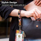 bolimoss Black Cat Flower Lanyard Wallet,Pu Leather Women Zid ID Case with Lanyards,Cute Neck & Wrist Lanyard Keychain for Women, Teacher, Nurse, Office Name Tag Badge Holder ID Card Holder