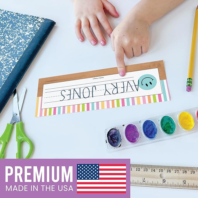 Desk Name Tags for Classroom -25 Student Name Plates for Classroom Kindergarten, Preschool, 1st, 2nd & 3rd Grade, 9x3 Teacher Nameplates for Student Desks & Cubbies, Smiley Nametags