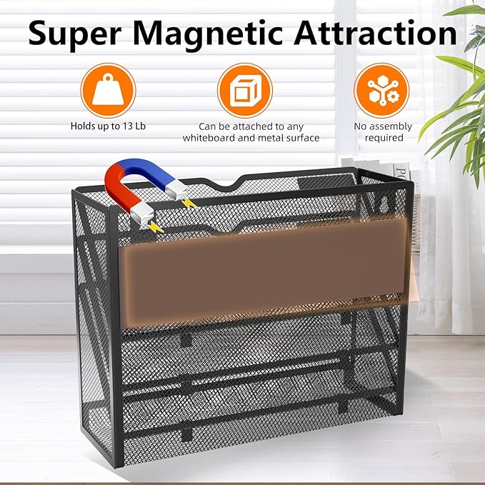 KZWKRG 4 Tier Magnetic File Holder, Large Capacity Mesh Hanging Wall Organizer Vertical Magnetic Hanging File Organizer, Magnetic File Folder Holder for File Cabinets, Office, Whiteboard (Black)