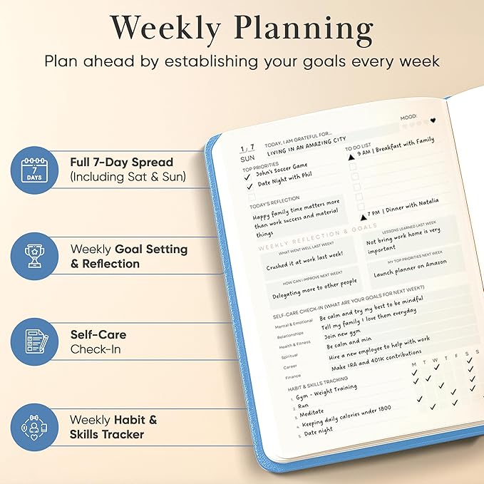 Mantra Planner 2026 Planner, Daily Journal & Gratitude Journal All-In-One with To Do List, Self Care Prompts & Habit Tracker - 7 x 10 - Blue