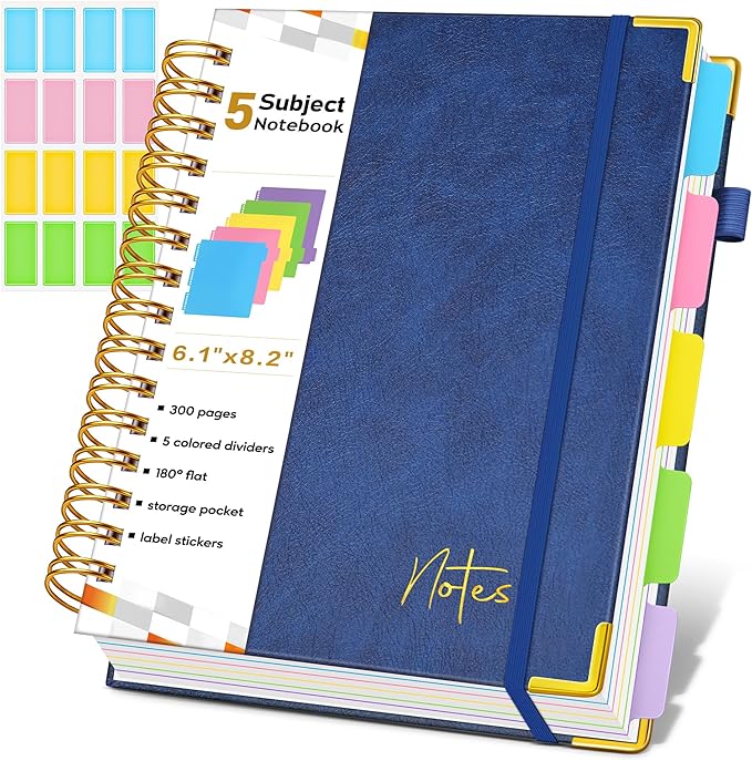 Spiral Notebook Journal with Removable Dividers Tabs, 300 Pages Hardcover Leather 5 Subject College Ruled Notebook, 6.1"x8.2" Large A5 Lined Journal for Women Men Spiral Notebook for Work School,Navy