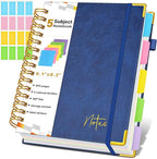 Spiral Notebook Journal with Removable Dividers Tabs, 300 Pages Hardcover Leather 5 Subject College Ruled Notebook, 6.1"x8.2" Large A5 Lined Journal for Women Men Spiral Notebook for Work School,Navy