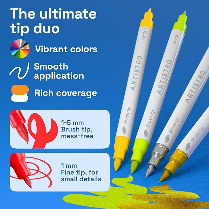 ARTISTRO 24 Acrylic Paint Markers - Paint Pens Dual Tip Brush + Fine Ideal for Calligraphy - Perfect for Fabric, Rock, Glass, Wood, DIY - Art Supplies, Stocking Stuffers, Christmas Gift Idea