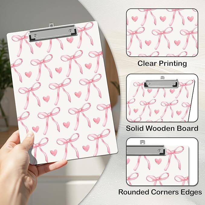 APIILVPQ Pink Clipboard，Bow Clipboards with Low Profile Clip for Office School Use, Cute Gifts Wooden Clip Boards for Nurses Teachers Students - B08