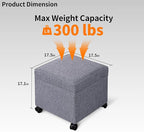 Adeco 17.5" Grey Square Storage Ottoman with Wheels, Modern Cotton Linen Foot Stool with Rollers - Movable & Convenient & Practical, Small Footstool for Living Room, Bedroom