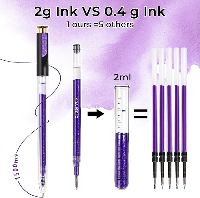 ZSCM Retractable Glitter Gel Pens, 12 Colors Large Capacity Purple Glitter Metallic Gel Ink Pens, 1 mm Fine Point Smooth Writing Color Pens for Adult Coloring Book Note Taking Aesthetic Art Supplies