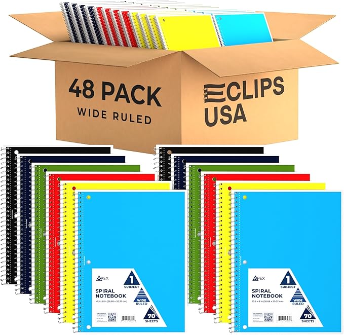 E-CLIPS USA Spiral Notebook, Wide Ruled Notebooks (48 Pack Bulk), 70 Sheets, Single Subject, Notebooks Bulk, 6 Color Assortment, 3 Hole Perforated Sheets (48, Wide Ruled)