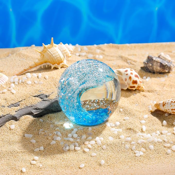 Glass Ocean Waves Ball Paperweight, Hand Blown with Blue, Gold & White Bubble Decoration for Home and Office
