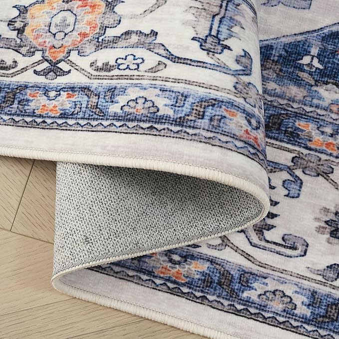 Rugcomf Vintage Medallion 3'x5' Washable Rug - Non-Slip Low Pile Area Rug, Small Boho Carpet for Bedroom, Bedside, Kitchen, Entryway, Kids/Girls Room, Office - Blue