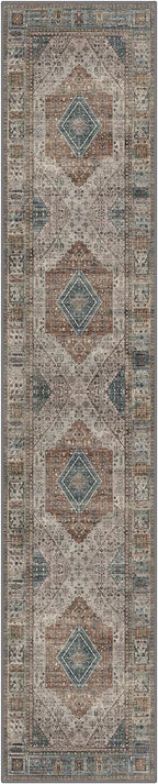 GENIMO Runner Rug 2x10 Non Slip Machine Washable Hallway Runner Rug, Low Pile Lightweight Vintage Rugs for Entryway, Hallway, Kitchen and Corridor, Geometry Sepia/Blue