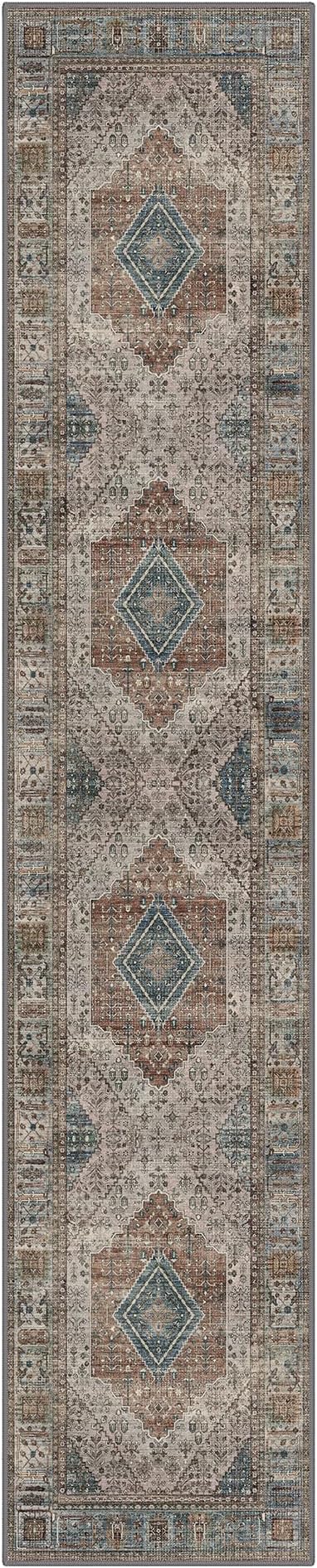 GENIMO Runner Rug 2x10 Non Slip Machine Washable Hallway Runner Rug, Low Pile Lightweight Vintage Rugs for Entryway, Hallway, Kitchen and Corridor, Geometry Sepia/Blue