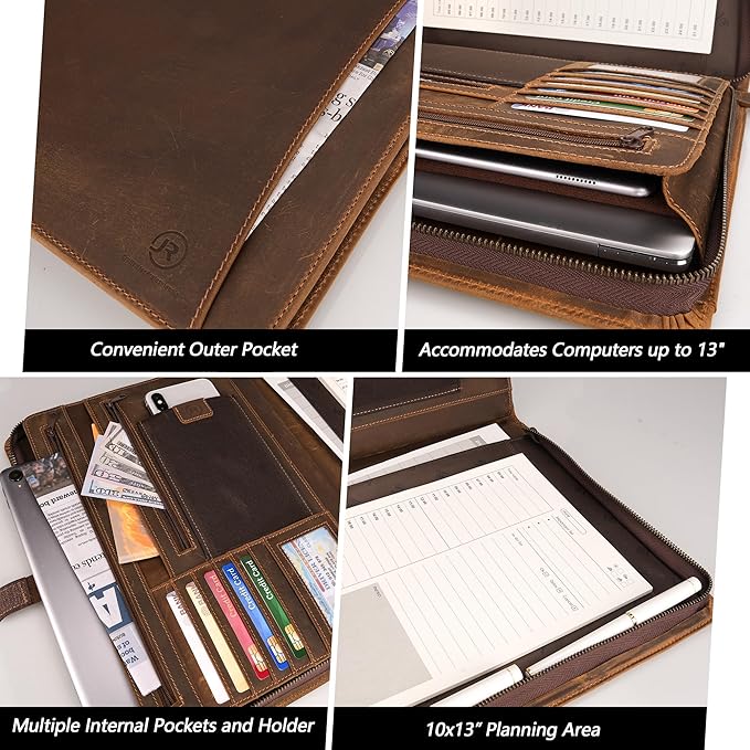 Full Grain Leather Portfolio with Zipper, Professional Business Organizer for Men Women, Executive Resume Folder with A4 Notepad Holder, Card Slots, Pen Loop, 10x13'', Luxury Gift Set