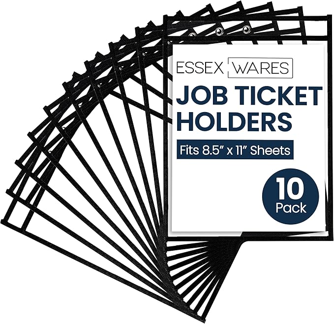 Essex Wares - 10 Pack, Black, Job Ticket Holders, 10" Wide x 13.5" Tall - Clear Plastic Shop Ticket Holders - Easy to Use, Reusable & Easy Erase Plastic Invoice Holders, Water-Resistant & Durable