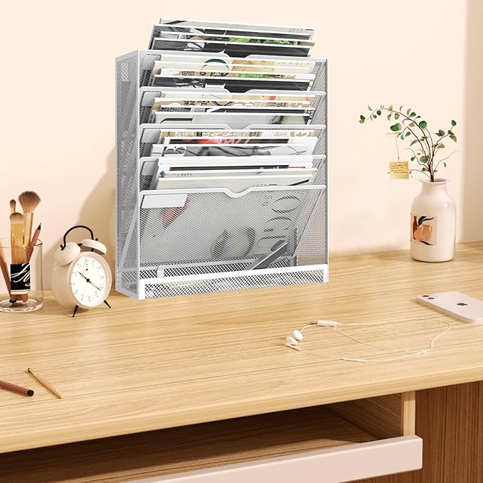 KZWKRG 6 Tier Magnetic File Holder, Large Capacity Mesh Hanging Wall Organizer Vertical Magnetic Hanging File Organizer, Magnetic File Folder Holder for File Cabinets, Office, Whiteboard (White)