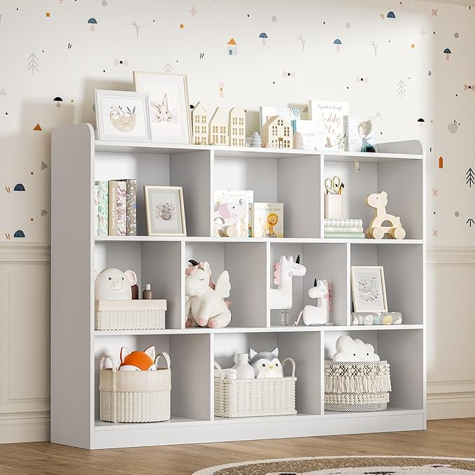 DIYART White Bookshelf, Wood Bookcase with 3 Tier Open Shelves, 10-Cube Minimalist Storage Shelf for Living Room, Bedroom, 43.3" W x 35.4" H
