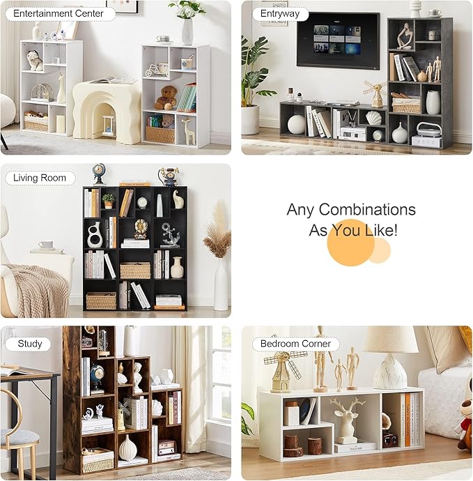 VECELO Narrow Bookshelf Set, Fits 9.3" × 10-12.8" Hardcovers, Cube Storage Bookcases, Free-Standing for Living Room, Bedroom, Home Office, 2/3/4-Tier, 3-Pack, White