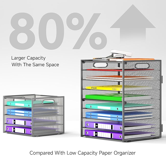 Cawukege 9 Tier Paper Organizer with Handle, Large Capacity Desk Organizer Mesh Paper Letter Tray File Folder Document Sorter for Classroom and Office Accessories Organization- Grey (2 Pack)