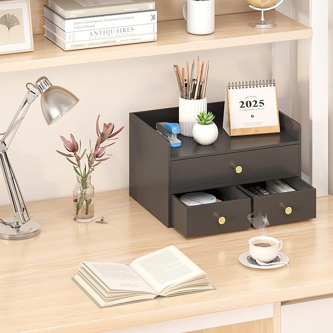 Bamboo Desk Organizer with Drawers Wooden Desktop Storage Drawers for Bills Office Supplies Kitchen Utensils Organizing Tool for Home Classroom Organization No Assembly (3 Drawers, Black)
