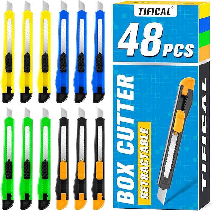 TIFICAL 48 Pack 9mm Box Cutter Retractable Utility Knife, Razor Knife for Cartons, Box Opener, Disposable Exacto Knife for Home, School use
