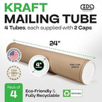 Cardboard Mailing Tubes, 4" x 24" with Plastic Caps, Pack of 4 - USA-Made USPS Approved Poster Tube for Documents & Blueprints - Reinforced Mailing Cylinders for Shipping & Storage by IDL Packaging