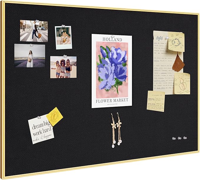 Lightomorrow Bulletin Board 30 x 20 inches, Black Pin Board, Golden Aluminum Framed Fabric Cork Board with 10 Push Pins