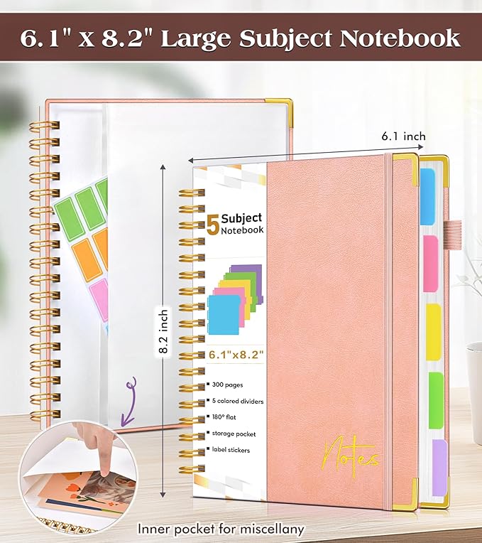 Spiral Notebook Journal with Removable Dividers Tabs, 300 Pages Hardcover Leather 5 Subject College Ruled Notebook, 6.1"x8.2" Large A5 Lined Journal for Women Men Spiral Notebook for Work School,Pink