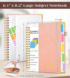 Spiral Notebook Journal with Removable Dividers Tabs, 300 Pages Hardcover Leather 5 Subject College Ruled Notebook, 6.1"x8.2" Large A5 Lined Journal for Women Men Spiral Notebook for Work School,Pink