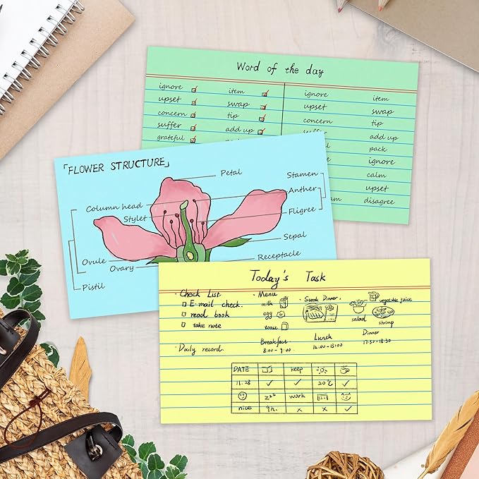 Chell Extra Heavyweight Index Cards 3x5 Inch, No Bleed-Through, 100 Count, Ruled Front and Blank Back, 80 lb. Cover Weight, Pastel Colors