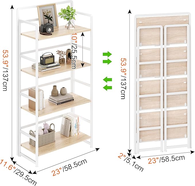 THKKY No Assembly Folding Bookshelf, 4 Tiers Collapsible Book Shelf for Home Office, Vintage Wood Foldable Bookcase Storage Organizer for Living Room Bedroom (Beige)