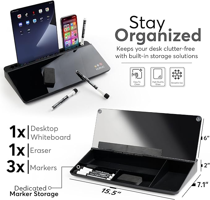 HURUC Small Glass Desktop Whiteboard with Storage,15.3"x7.08"x2.16" inch Desktop Dry Erase Board with Markers & Duster, Desk White Board Buddy Organizer for Home, Office, School (Black)