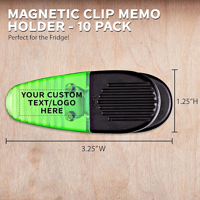 10 Magnetic Memo Holders Set - Customizable Text, Logo - Large Clip, Plastic - TGreen