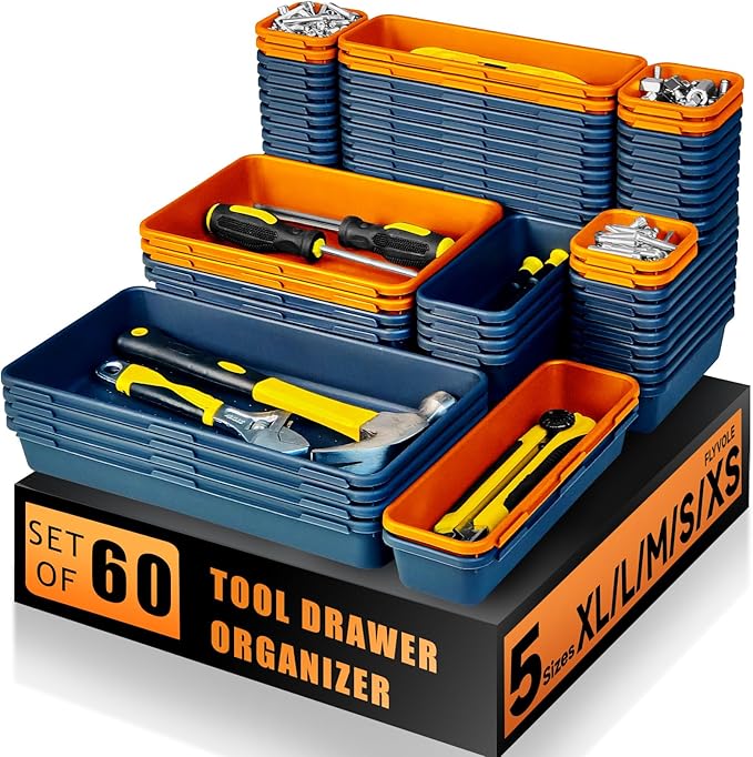 FLYVOLE Tool Box Organizer Tray, Toolbox Desk Drawer Organizer, Tool Box Tray, Toolbox Organization Storage for Rolling Tool Chest (60PCS (Blue+Orange))