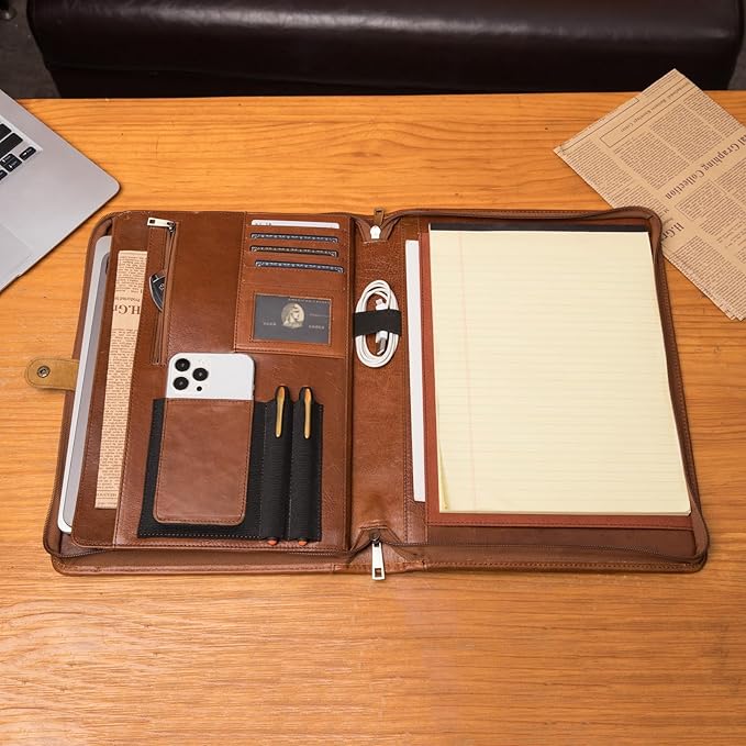 Geslun Personalized Genuine Leather Portfolio, Legal Size 8.5 x 14 Pad Holder, Custom Engraved Business Padfolio for Men Women, Zip 14" Laptop Organizer, Professional Notepad Folio, Brown, Oil Tanned