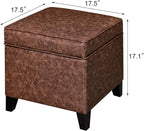 Adeco 17" Storage Ottoman Foot Rest Stool, Dark Brown Leather Ottoman with Black Solid Wood Legs and Hinged Lid, Small Foot Stool for Living Room, Bedroom