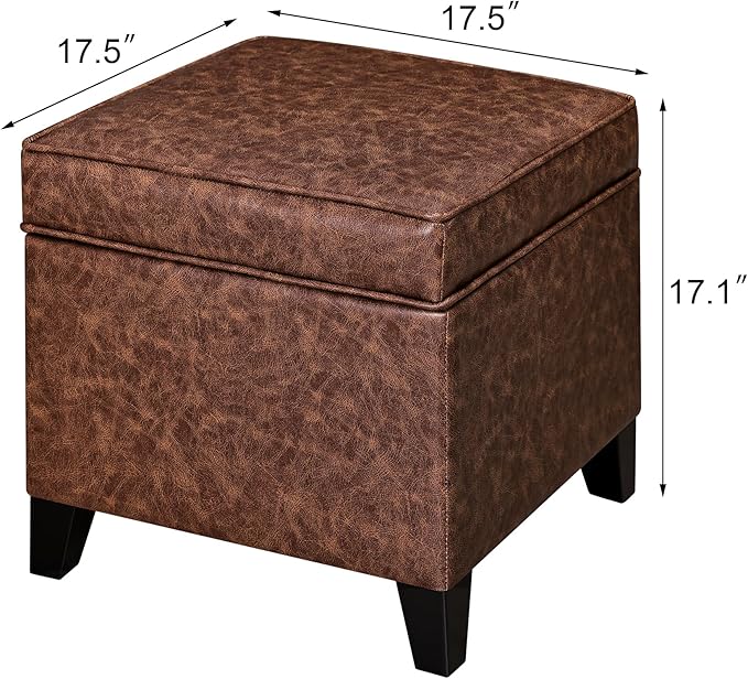 Adeco 17" Storage Ottoman Foot Rest Stool, Dark Brown Leather Ottoman with Black Solid Wood Legs and Hinged Lid, Small Foot Stool for Living Room, Bedroom