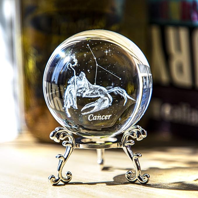 HDCRYSTALGIFTS Crystal 3D Constellation Crystal Ball 60mm Crystal Paperweight Full Sphere Glass Fengshui with Sliver-Plated Flowering Stand(Cancer)