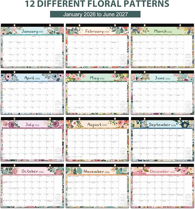 Desk Calendar 2026, Monthly Desktop Large Calendar (Jan 2026 - Jun 2027) 17" x 12" Desk Wall Planner for Family Teacher School Office Supplies, Flower