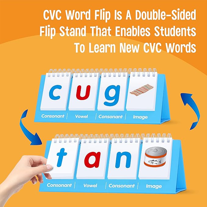 CVC Word Flip Chart - Double Sided 40 Short Vowel Word Flashcards, Freestanding, Educational Learning Tool for School Supplies