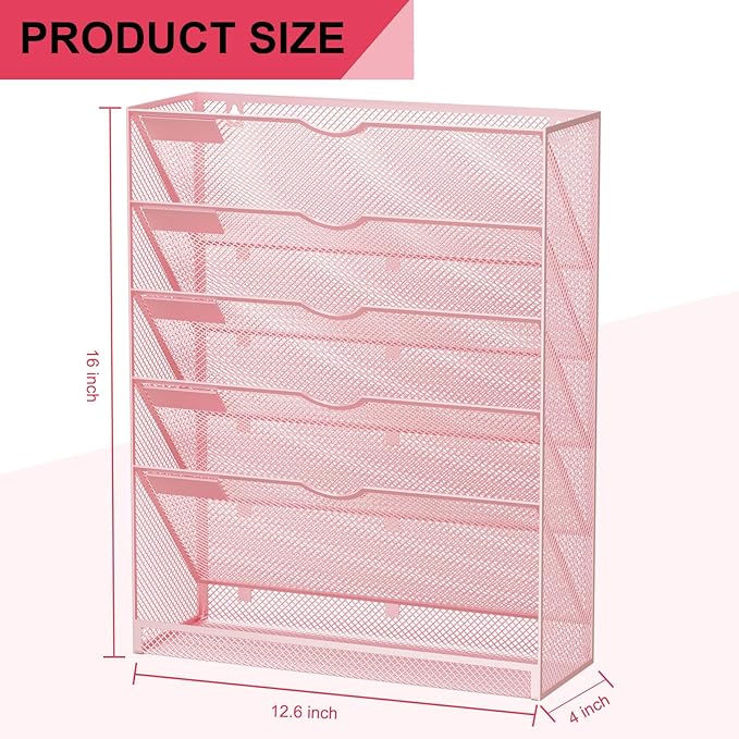 GDINDINFAN Hanging Wall File Organizer 6 Tier Wall Mounted Mail Paper Folder Holder Document Organization Stand, Vertical Desk Magazine Rack for Office Home Cubicle Countertop, Pink