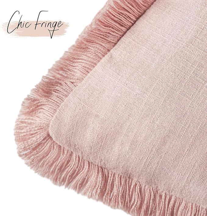 Foindtower Set of 2 Decorative Linen Fringe Throw Pillow Covers Boho Farmhouse Cushion Cover with Tassels Soft Accent Pillowcase for Couch Chair Sofa Bed Living Room Home Decor,22×22 Inch,Light Pink